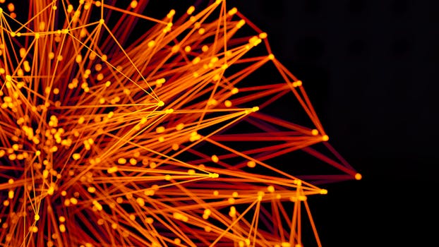 Vibrant orange lines and dots form an abstract network on a dark background, evoking technology and connectivity.